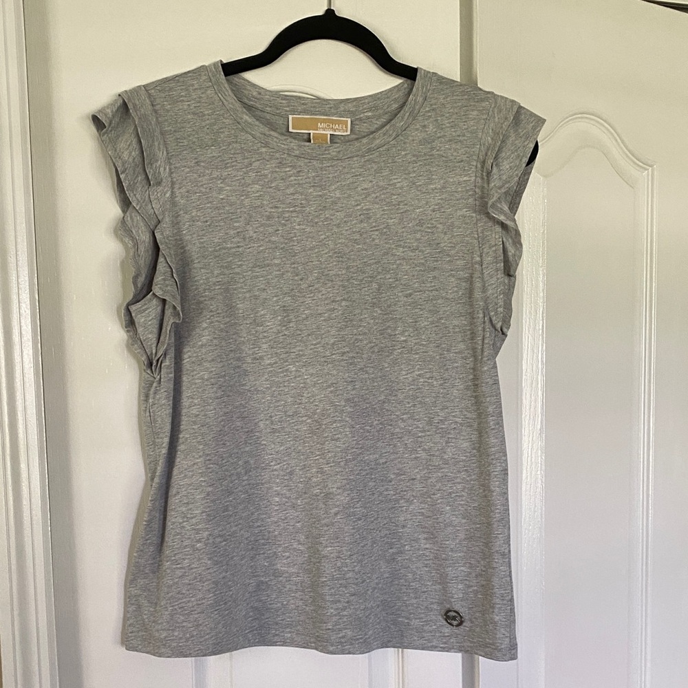 Michael Kors Heather Gray Ruffle Sleeve Muscle Tee